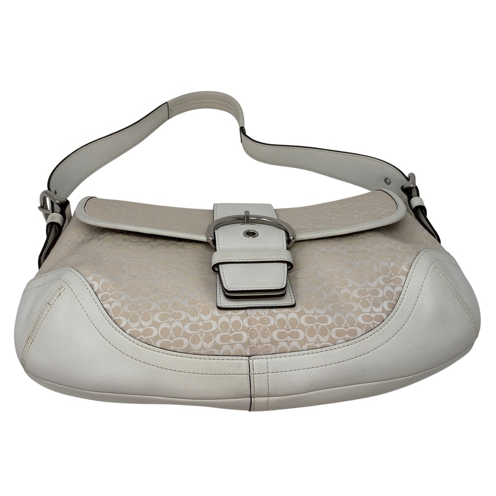 Vintage Coach Signature Monogram Hobo Shoulder Bag Beige White Leather Buckle